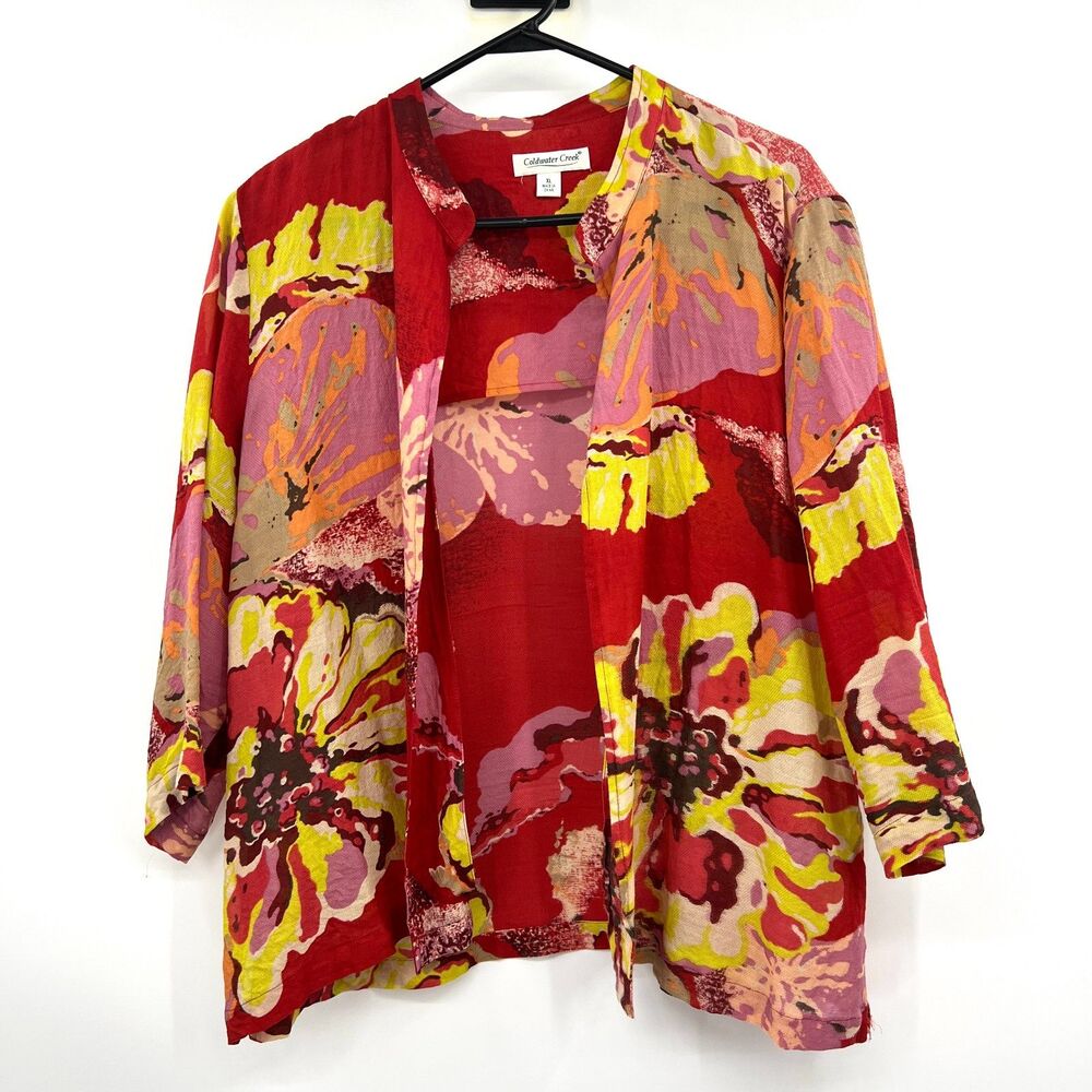 Coldwater Creek XL Silk Wool Blend Floral Open Front Kimono Jacket Red Yellow